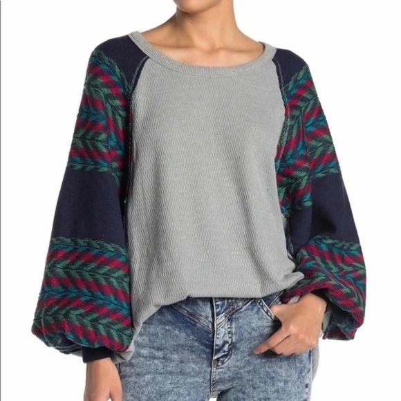 Free People Rainbow Dreams Aztec Balloon Sleeve Oversized Top XS - Picture 1 of 6